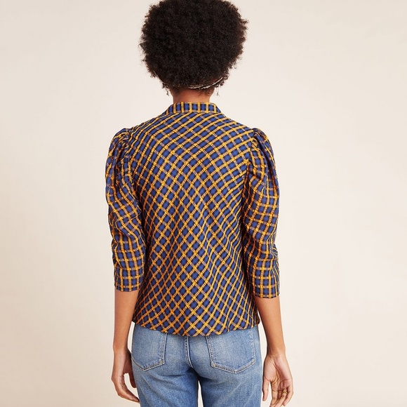 Eva Franco Anthropologie Textured Plaid Puff Sleeve Blouse Button up Shirt - Picture 5 of 8
